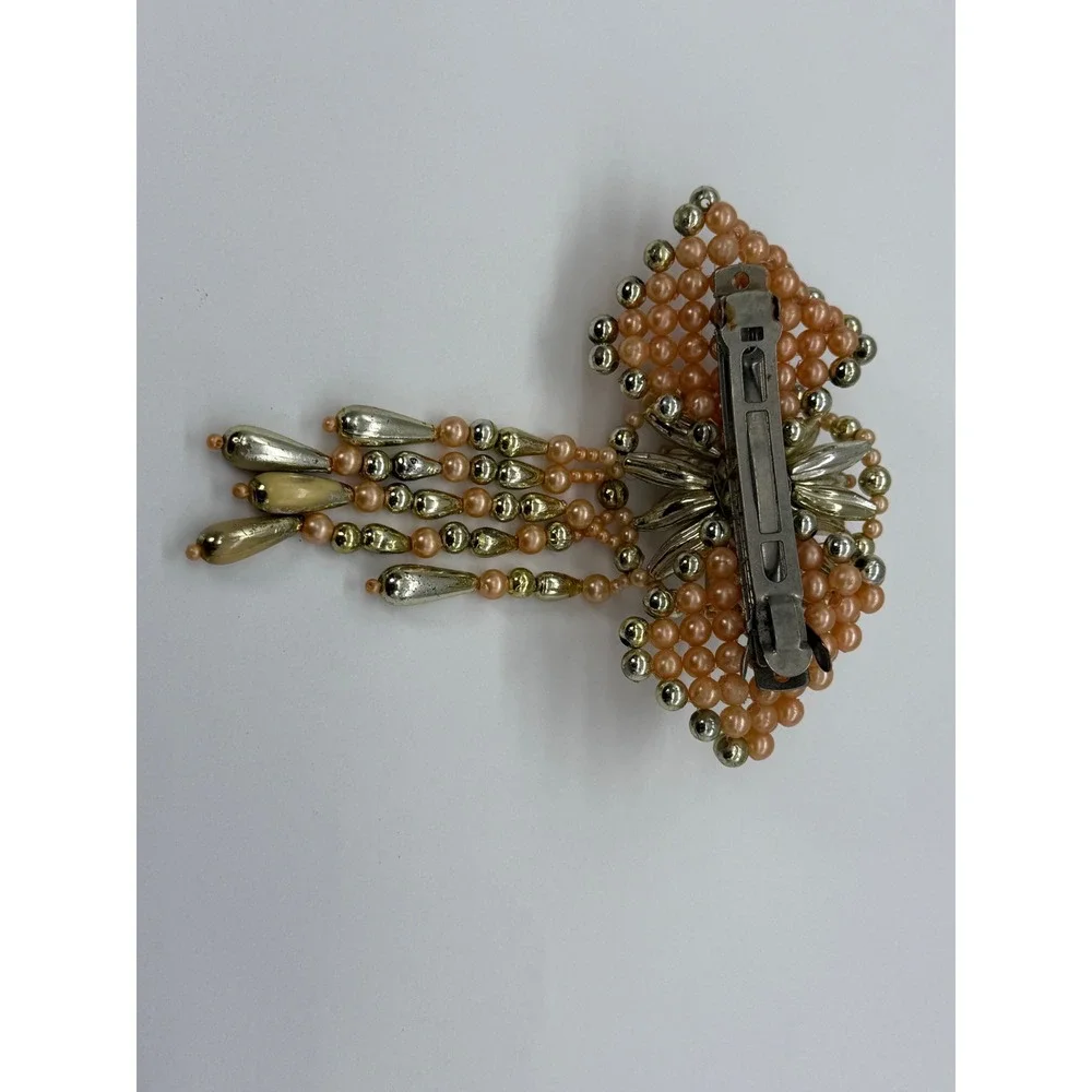Vintage Faux Pearl Beaded Big Bow Dangle Hair Barrette French Clip Peach Gold